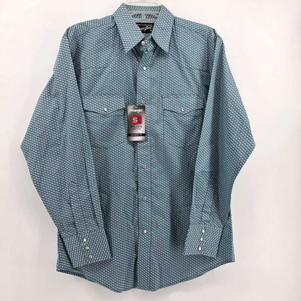 Wrangler Silver Long Sleeve Pearl Snap Shirt Teal‎ Geometric Men Medium NWT